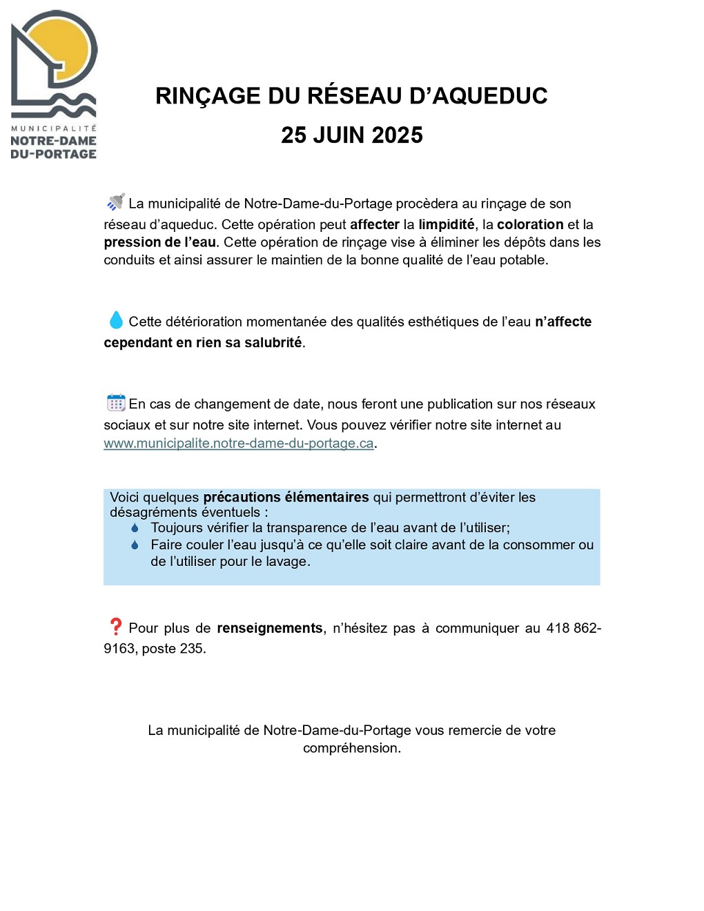 Communiqué - Rinçage réseau aqueduc