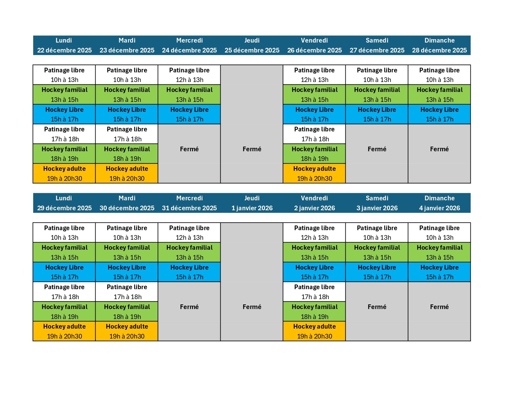 Horaire du temps des Fêtes 2025